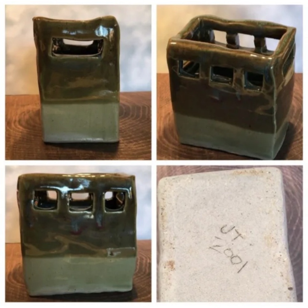 Ombré Green Hand-Thrown Slab Pottery Vase 5”x5”x3”